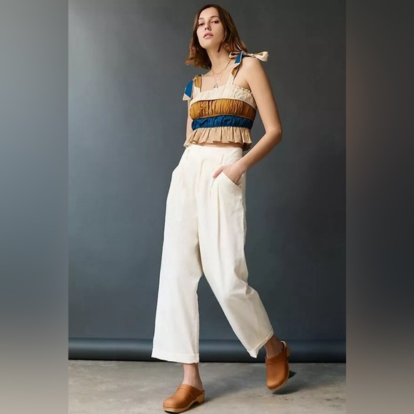 Maeve Pleated Straight Pants Anthropologie Ivory Aston Cuffed Crop Size 6 (US) - Picture 3 of 9